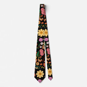 Corbata Patrón de flores psicodélicas x4 negro BG