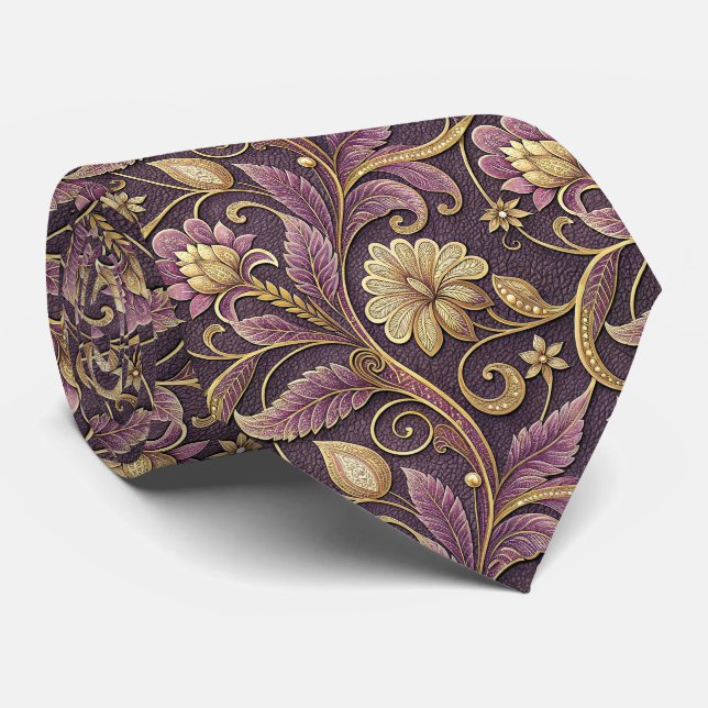 Corbata Patrón de flores repujadas púrpura y dorado (Enrollado)