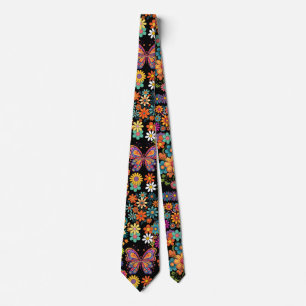 Corbata Patrón de flores retro coloridas. Black BG