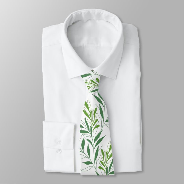 Corbata Patrón De Foliage De Verdor Elegante Verde Y Blanc (Atado)
