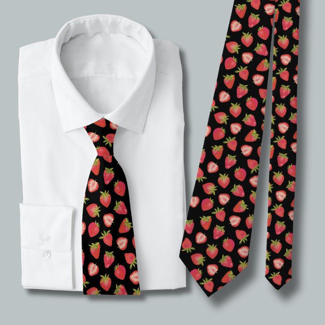 Corbata Patrón de fresa de verano (Strawberry pattern tie on black)