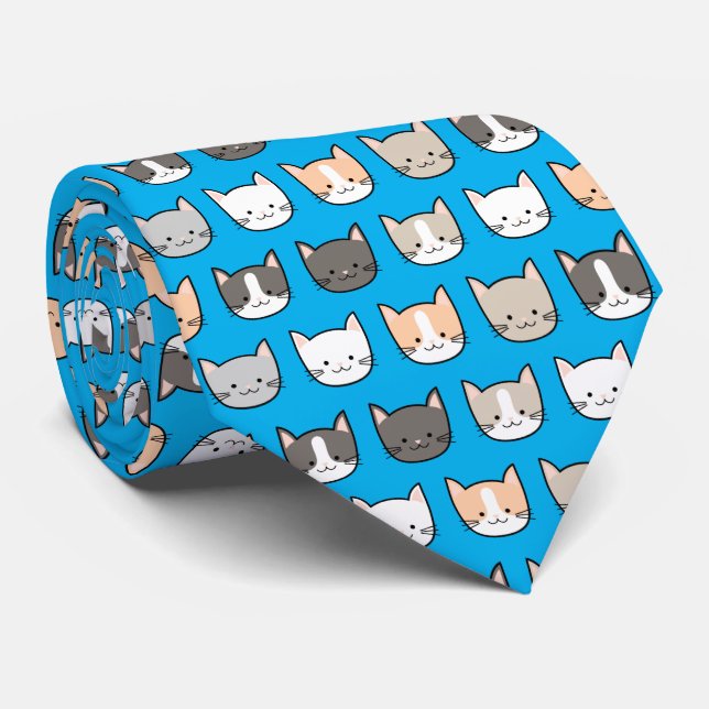 Corbata Patrón de gatito adorable en azul (Enrollado)