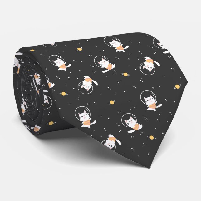Corbata Patrón de gato astronauta lindo con fondo negro (Enrollado)