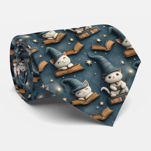 Corbata Patrón de gato de asistente adorable con libros y  (Enrollado)