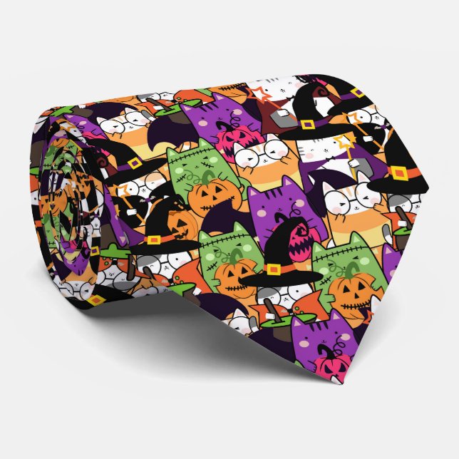 Corbata Patrón de gato de Halloween Kawaii (Enrollado)