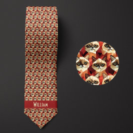 Corbata Patrón de gato geométrico rojo ladrillo