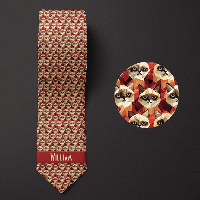 Corbata Patrón de gato geométrico rojo ladrillo (Subido por el creador)