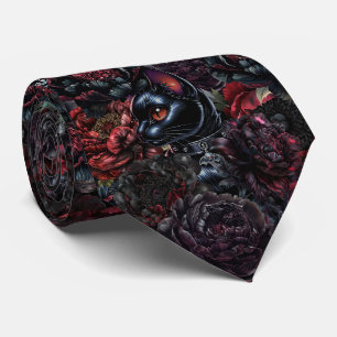 Corbata Patrón de gato negro gótico y flores oscuras