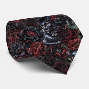 Corbata Patrón de gato negro gótico y flores oscuras