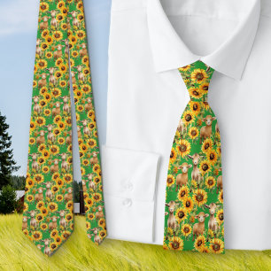 Corbata Patrón de girasoles, animales de granja en verde p