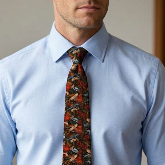 Corbata Patrón de graffiti de cráneo de pistola y rosas    (Subido por el creador)