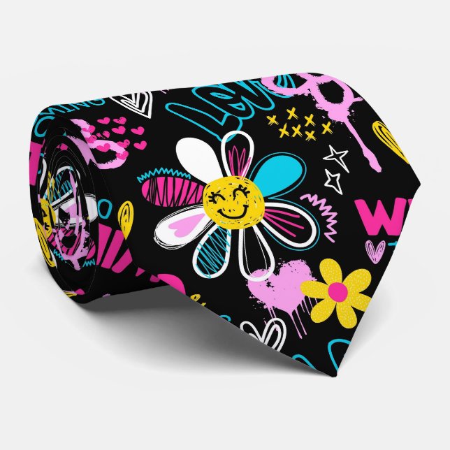 Corbata Patrón de Grafiti de Flor Sonriente de Moda (Enrollado)