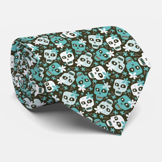 Corbata Patrón de Halloween Calaveras Flores Turquesa (Enrollado)