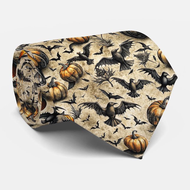 Corbata Patrón de Halloween de calabazas, cuerdas y murcié (Enrollado)