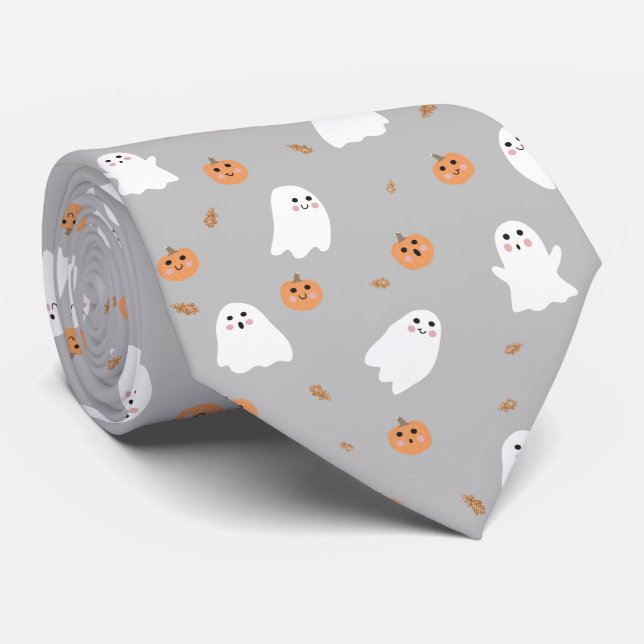 Corbata Patrón de Halloween Ghost y Gris de calabaza (Enrollado)