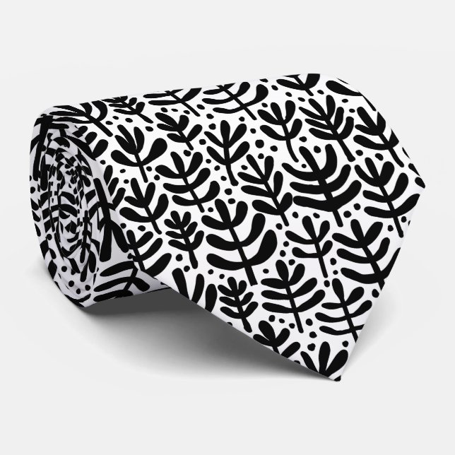 Corbata Patrón de Helecho - Blanco y Negro (Enrollado)