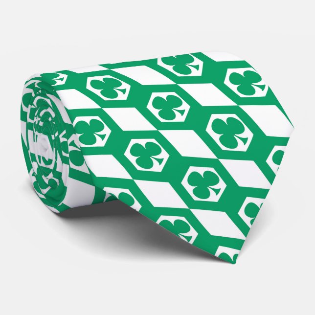 Corbata Patrón de hexágono blanco verde trébol (Enrollado)