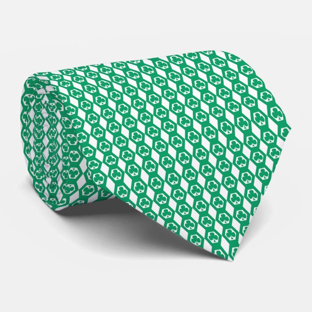 Corbata Patrón de Hexágono Blanco Verde Trébol (Enrollado)