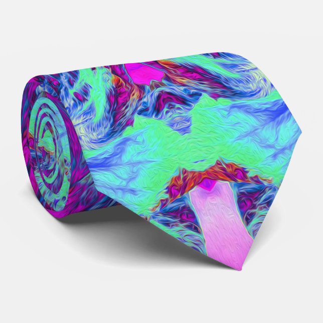 Corbata Patrón de hibiscus verde y azul psicodélico (Enrollado)