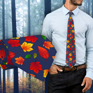 Corbata Patrón de hojas de otoño azul oscuro