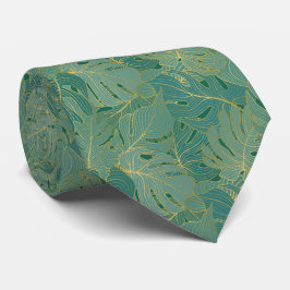 Corbata Patrón de hojas de palma exuberantes en verde y or