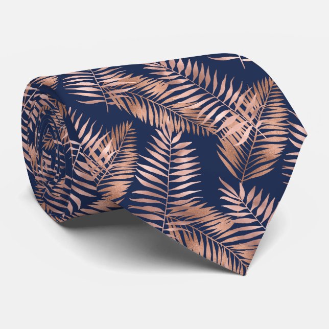 Corbata Patrón de Hojas de Palma Tropicales Rosa Oro Azul  (Enrollado)