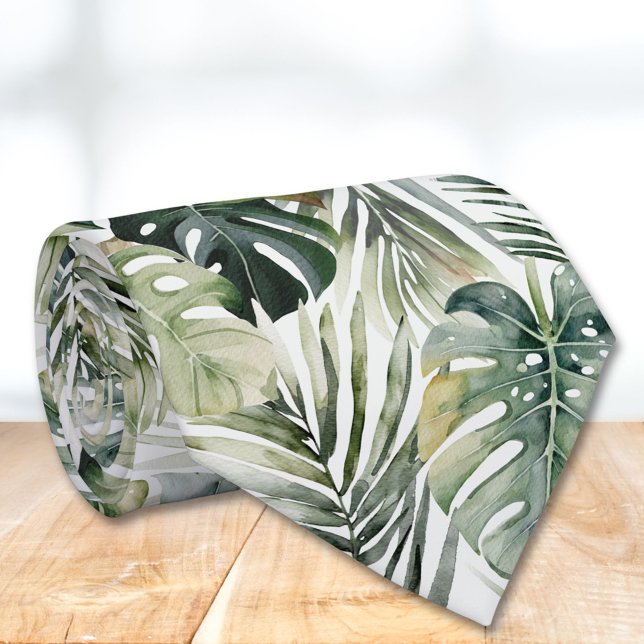 Corbata Patrón de hojas de selva tropical verde acuarela (In situ)