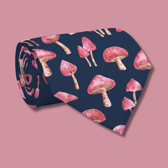 Corbata Patrón de hongo rosa (pink mushroom tie (rolled) on navy)