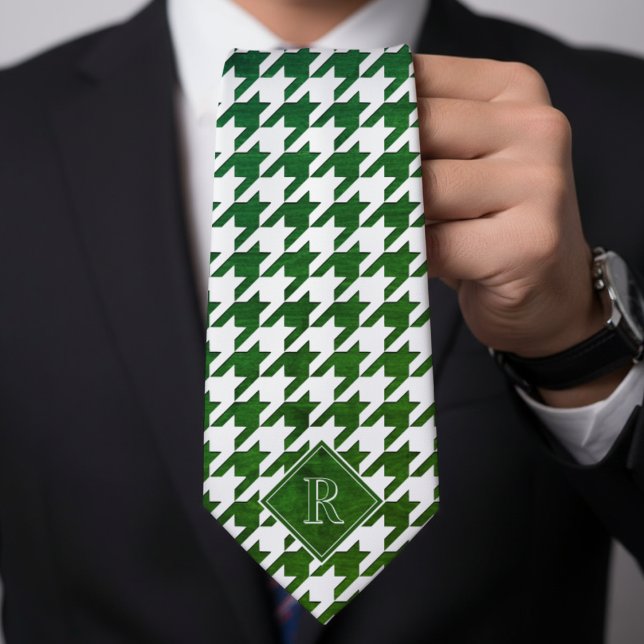 Corbata Patrón de Houndstooth con Monograma Blanco y Mader (Monogram Houndstooth Pattern White & Green Wood Neck Tie
)