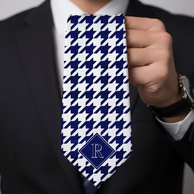 Corbata Patrón de Houndstooth con Monograma Blanco y Mader (Monogram Houndstooth Pattern White & Blue Wood Neck Tie
)