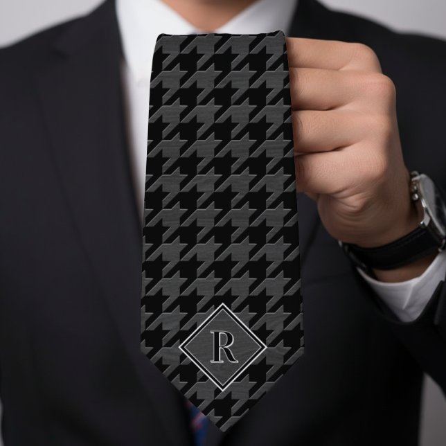 Corbata Patrón de Houndstooth de Monograma Negro y Madera  (Monogram Houndstooth Pattern Black & Grey Wood Neck Tie
)