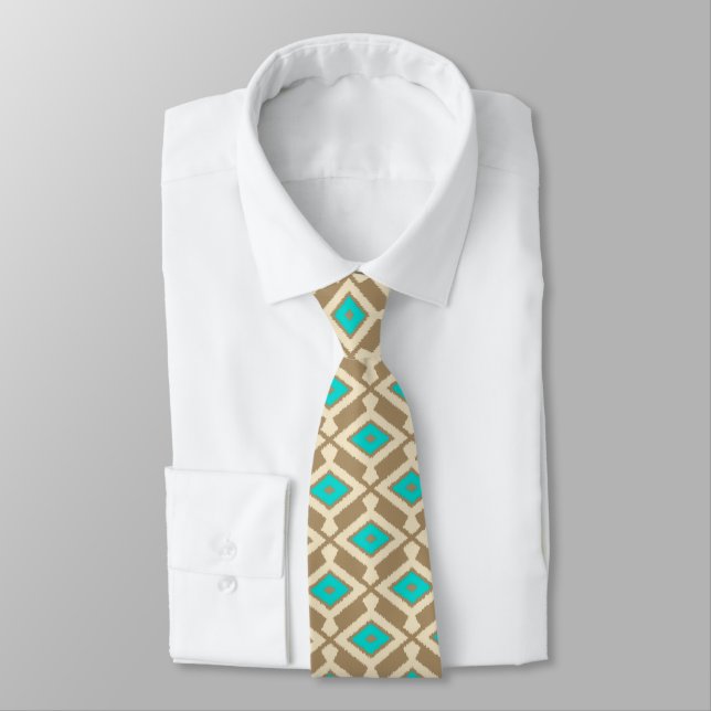 Corbata Patrón de Ikat - Turquesa, Taupe y Beige (Atado)