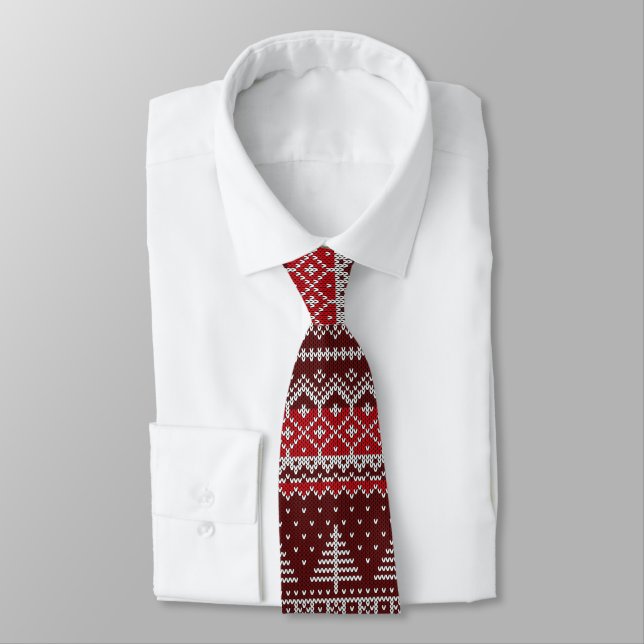 Corbata Patrón de Knit Faux del árbol de navidad maroon (Atado)