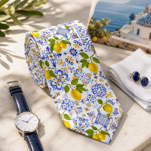 Corbata patrón de limón cítrico mediterráneo