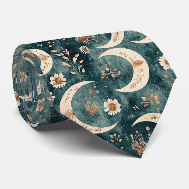 Corbata Patrón de Luna Floral Celestial Boho (9) (Enrollado)