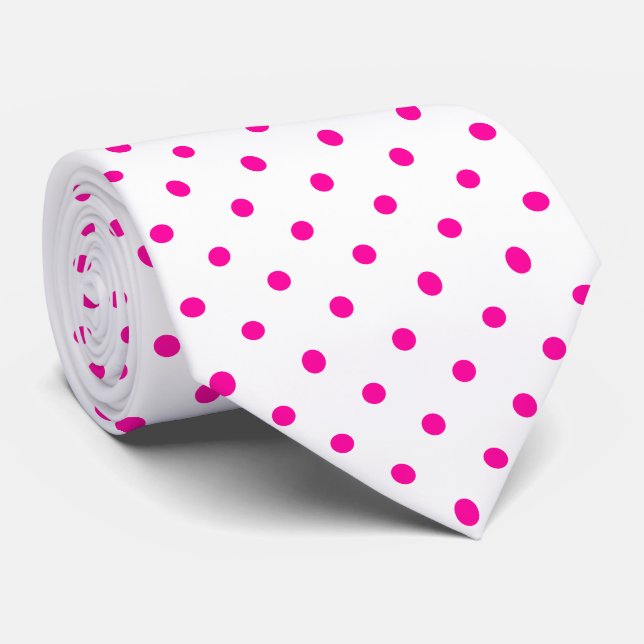 Corbata Patrón de lunares mini en rosa caliente sobre blan (Enrollado)