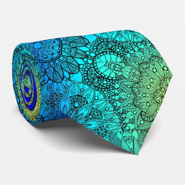 Corbata Patrón de Mandala azul y turquesa (Enrollado)