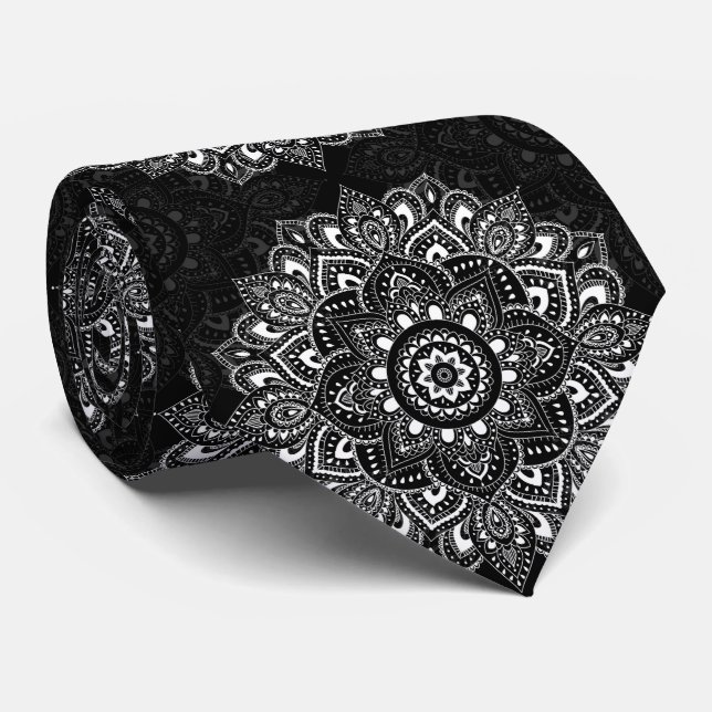 Corbata Patrón de mandala espiritual indio negro (Enrollado)