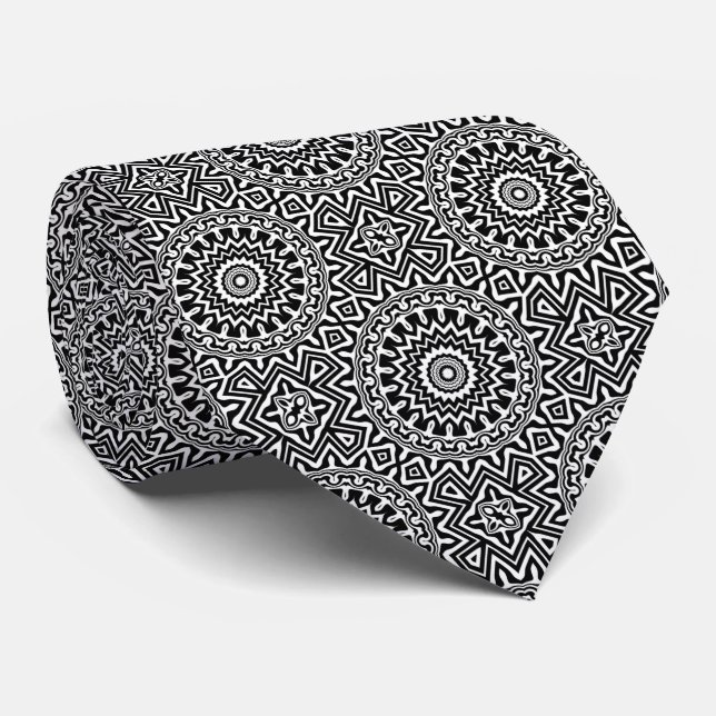 Corbata Patrón de mandala moderno en blanco y negro (Enrollado)
