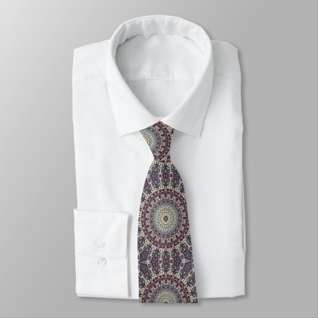 Corbata Patrón de Mandala morado Verde azulado y crema (Atado)