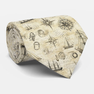 Corbata Patrón de mapa náutico vintage con barcos y brújul