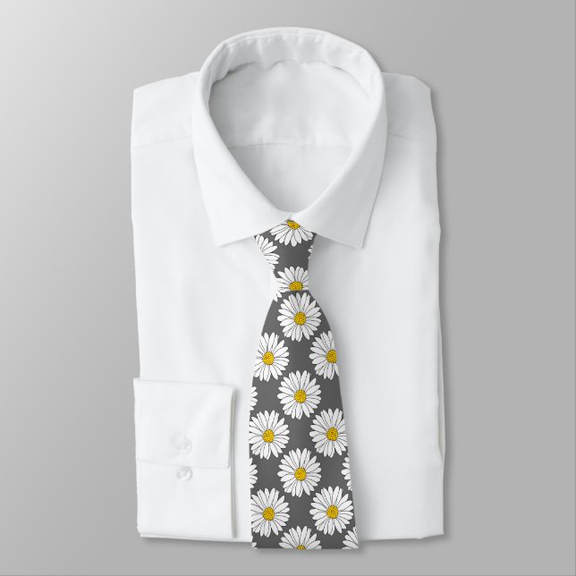 Corbata Patrón de margarita blanca amarillo gris (Atado)