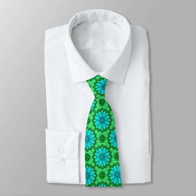 Corbata Patrón de margarita geométrica en turquesa y verde (Atado)