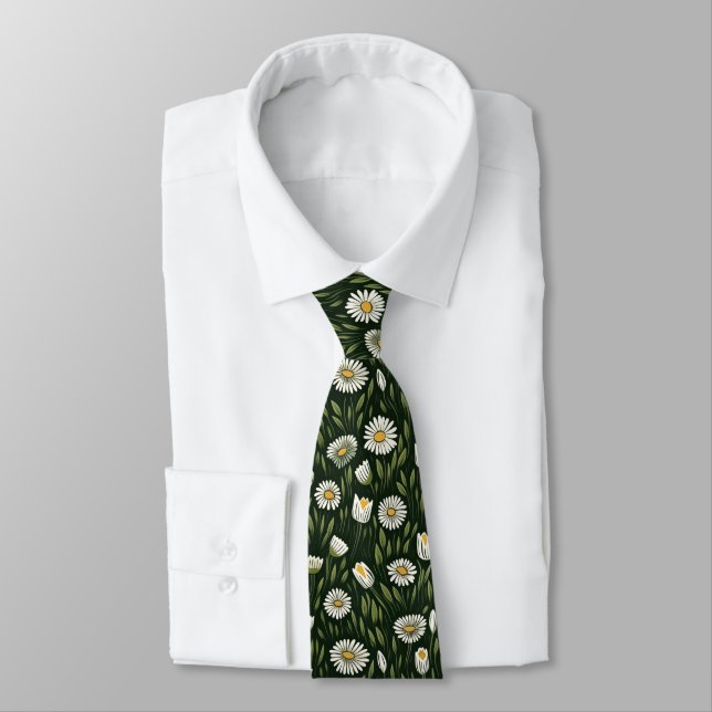 Corbata Patrón de margaritas vibrantes con acentos verdes  (Atado)