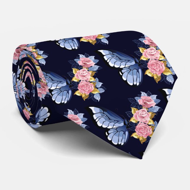 Corbata Patrón de mariposa Rosa de oro azul marino (Enrollado)