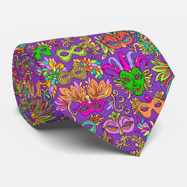 Corbata Patrón de máscaras púrpura rosadas mardi gras (Enrollado)