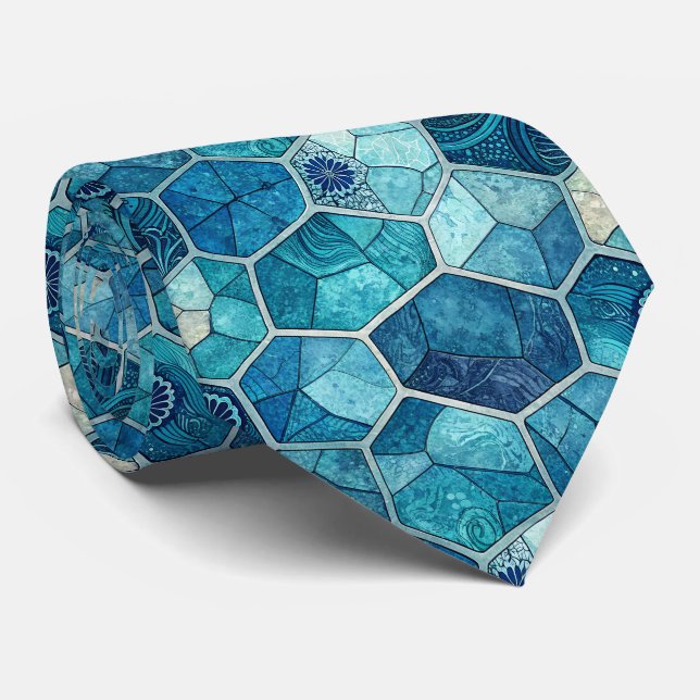 Corbata Patrón de mosaico azul océano – Polígono irregular (Enrollado)