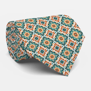 Corbata Patrón de mosaico floral naranja, Verde azulado y 