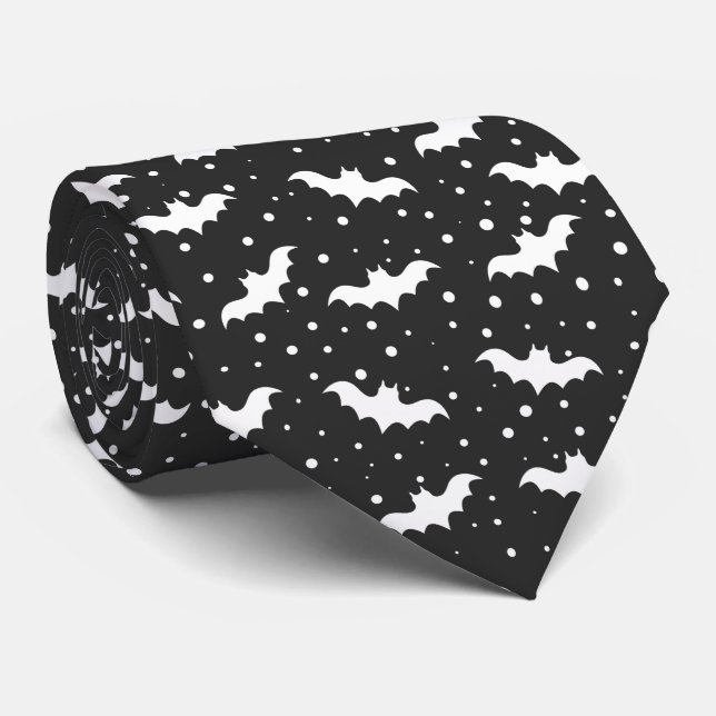 Corbata patrón de murciélago de Halloween blanco y negro (Enrollado)