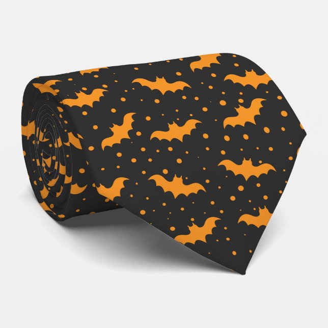 Corbata Patrón de murciélago de Halloween negro naranja (Enrollado)